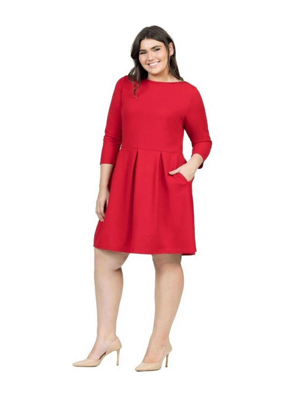 24seven Comfort Apparel Plus Size 3X Perfect Fit and Flare Pocket Red Dress $75